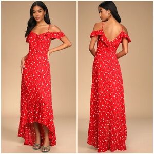 Lulus Darling for the Day Red Floral Off-the-Shoulder Maxi Dress Size Medium